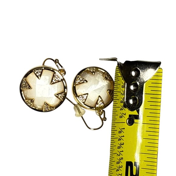 Gold Tone Round Dangle Earrings with Mother of Pearl and Crystal Accents - Picture 6 of 6